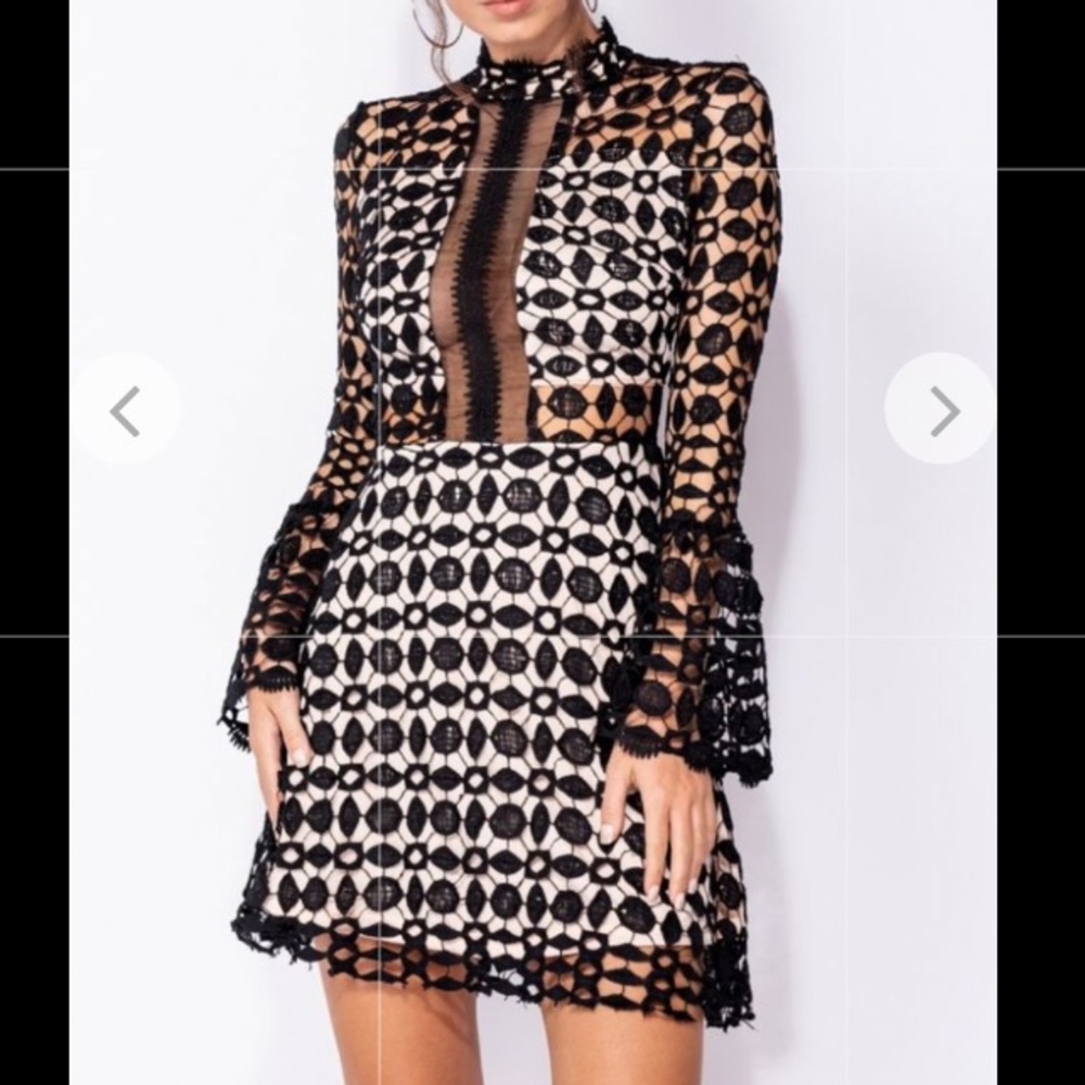 High Neck Sheer Lace Flare Sleeve Mini Dress